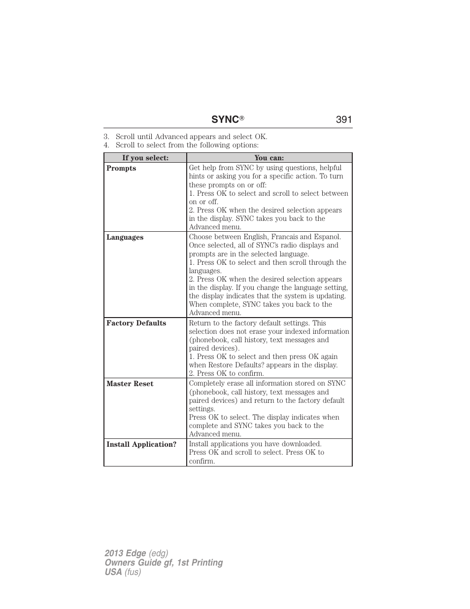 Sync ா 391 | FORD 2013 Edge v.1 User Manual | Page 391 / 526