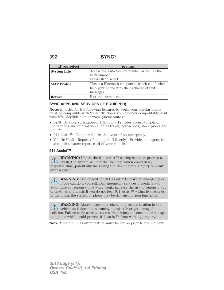 Sync apps and services (if equipped), 911 assist, 392 sync | FORD 2013 Edge v.1 User Manual | Page 392 / 526