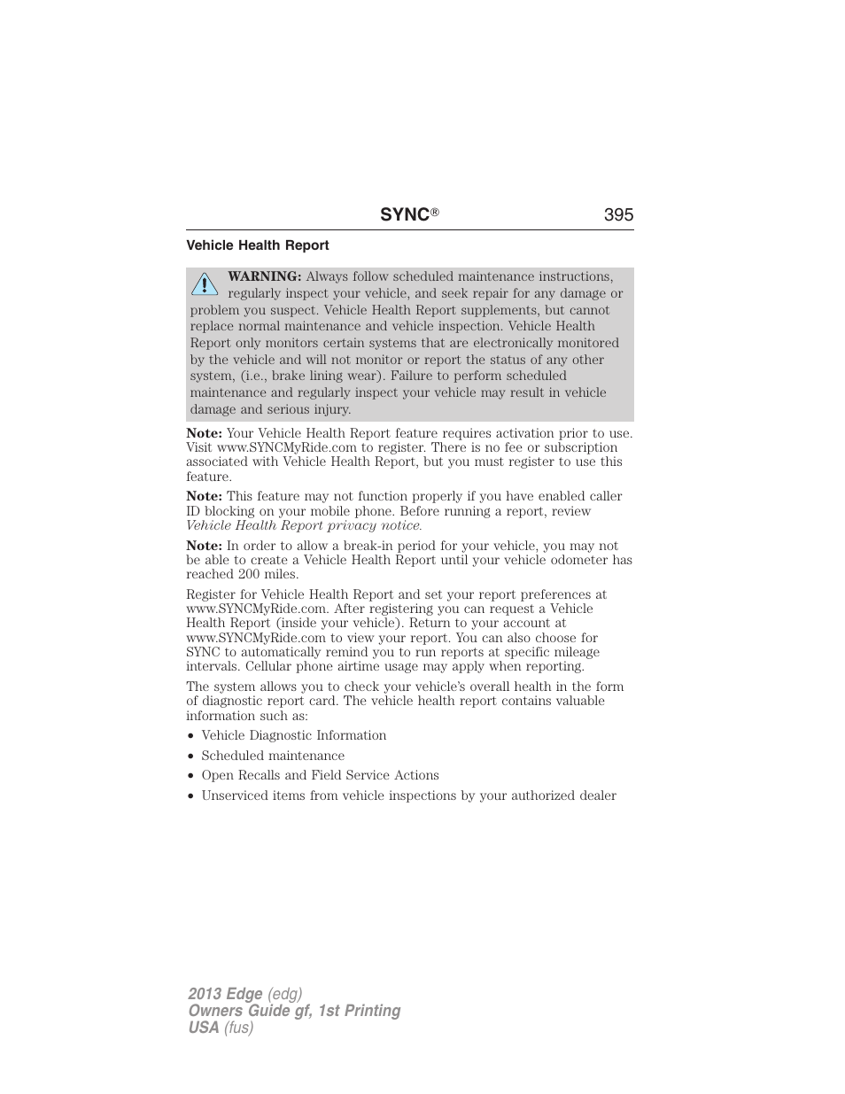 Vehicle health report, Sync ா 395 | FORD 2013 Edge v.1 User Manual | Page 395 / 526