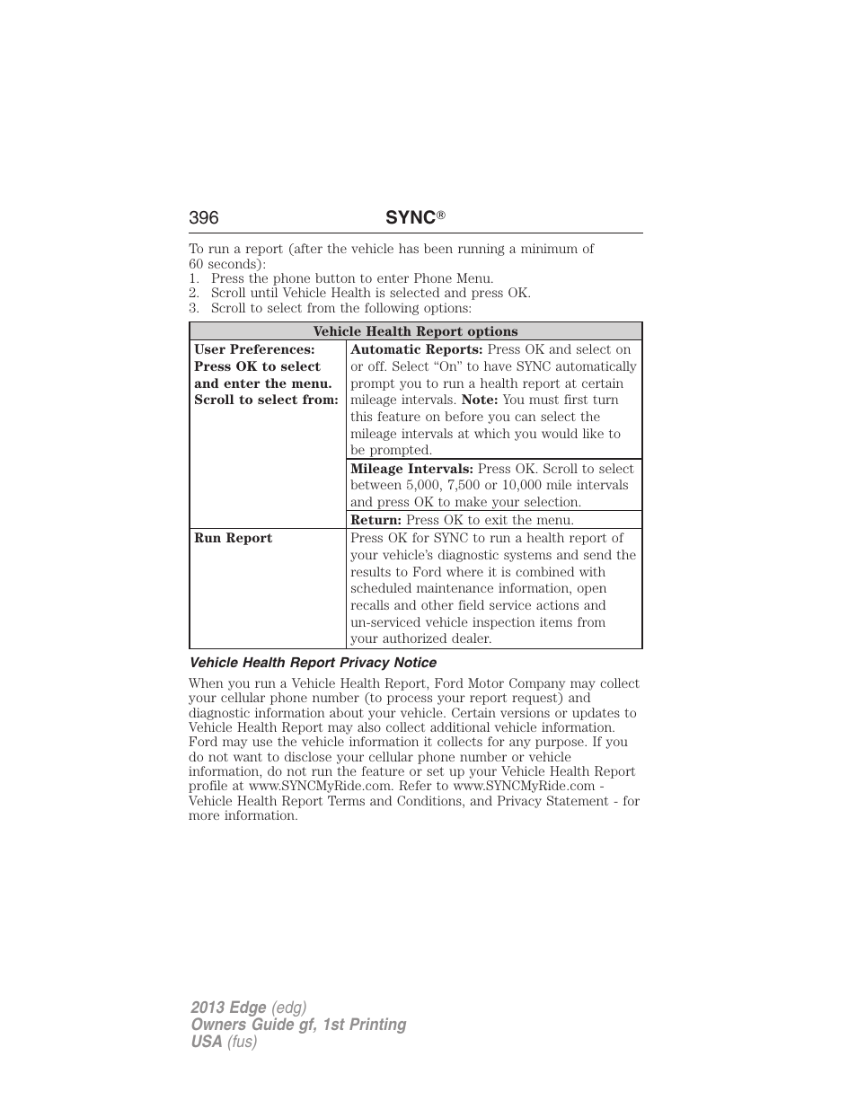 Vehicle health report privacy notice, 396 sync | FORD 2013 Edge v.1 User Manual | Page 396 / 526