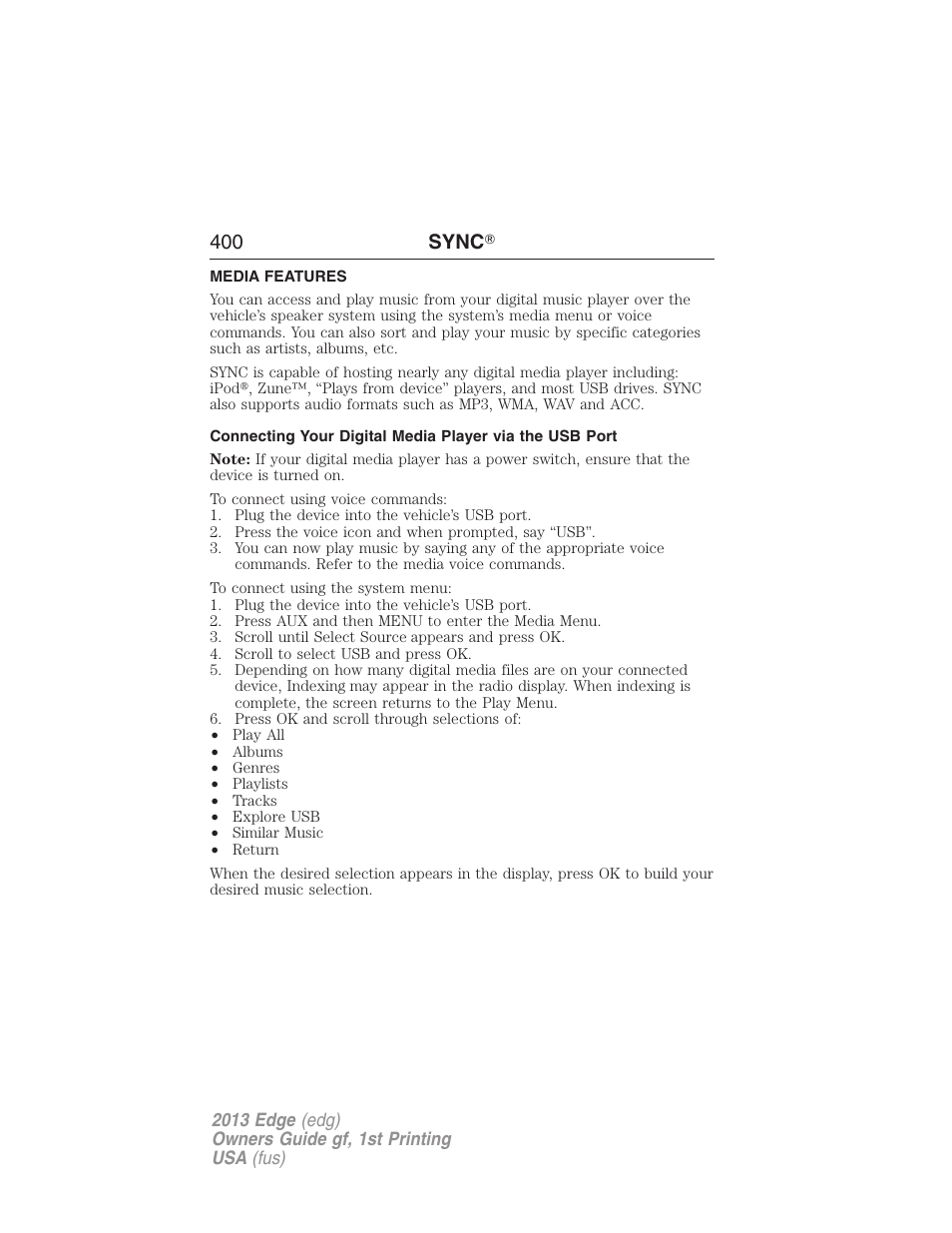 Media features, 400 sync | FORD 2013 Edge v.1 User Manual | Page 400 / 526