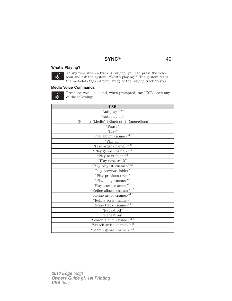 What’s playing, Media voice commands, Sync ா 401 | FORD 2013 Edge v.1 User Manual | Page 401 / 526