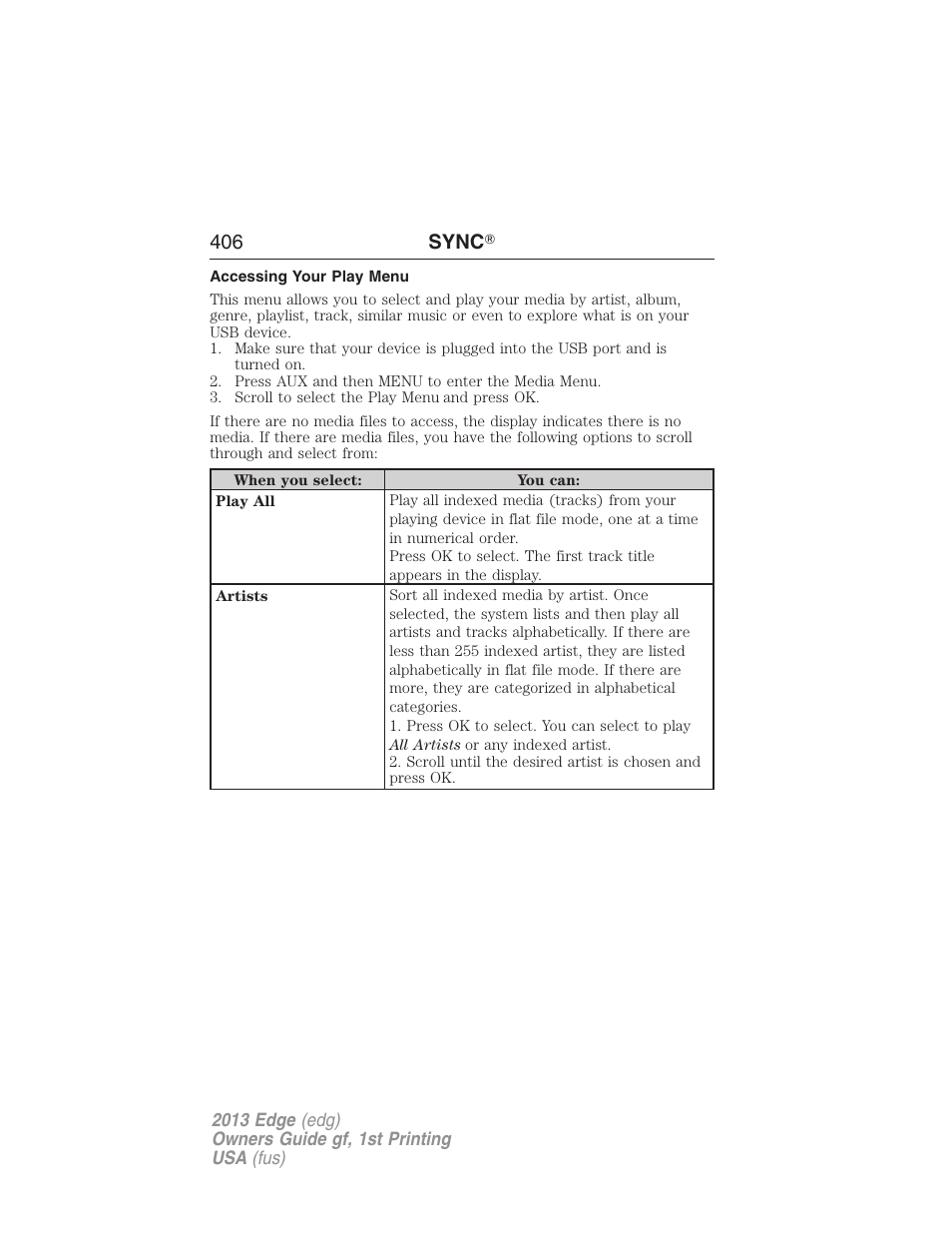 Accessing your play menu, 406 sync | FORD 2013 Edge v.1 User Manual | Page 406 / 526