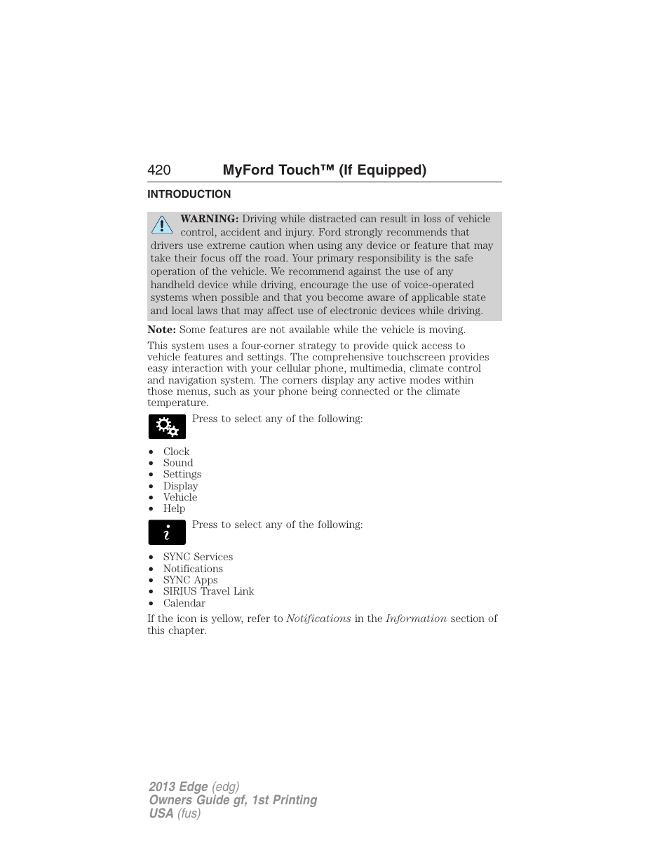 Myford touch™ (if equipped), Introduction, 420 myford touch™ (if equipped) | FORD 2013 Edge v.1 User Manual | Page 420 / 526