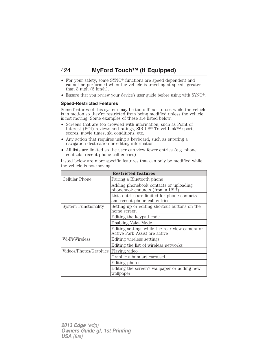 Speed-restricted features, 424 myford touch™ (if equipped) | FORD 2013 Edge v.1 User Manual | Page 424 / 526