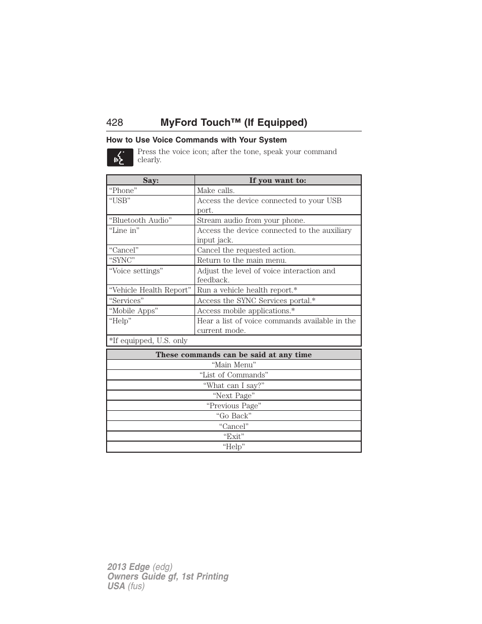 How to use voice commands with your system, 428 myford touch™ (if equipped) | FORD 2013 Edge v.1 User Manual | Page 428 / 526