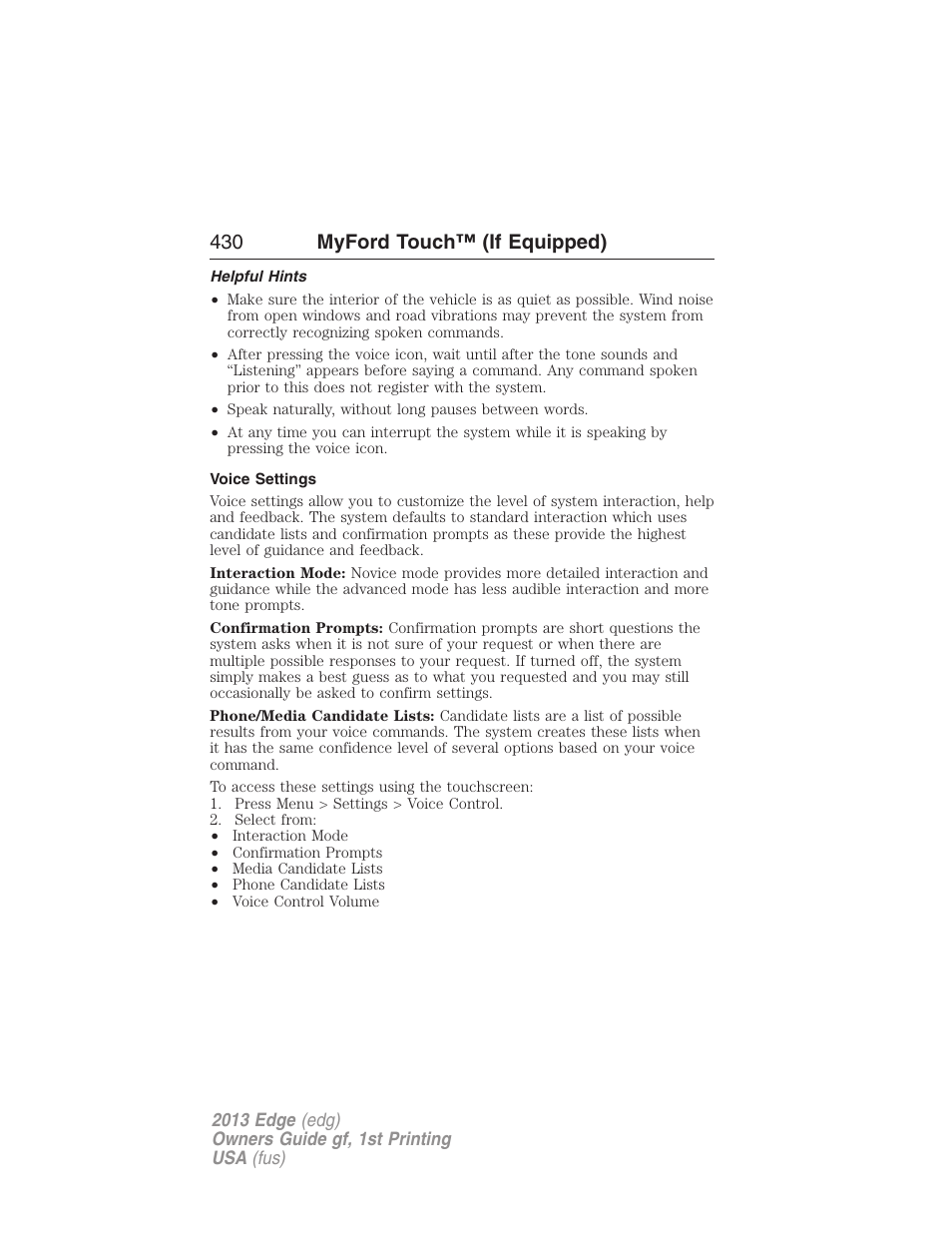 Helpful hints, Voice settings, 430 myford touch™ (if equipped) | FORD 2013 Edge v.1 User Manual | Page 430 / 526