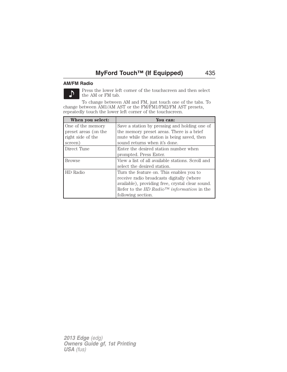 Am/fm radio, Myford touch™ (if equipped) 435 | FORD 2013 Edge v.1 User Manual | Page 435 / 526