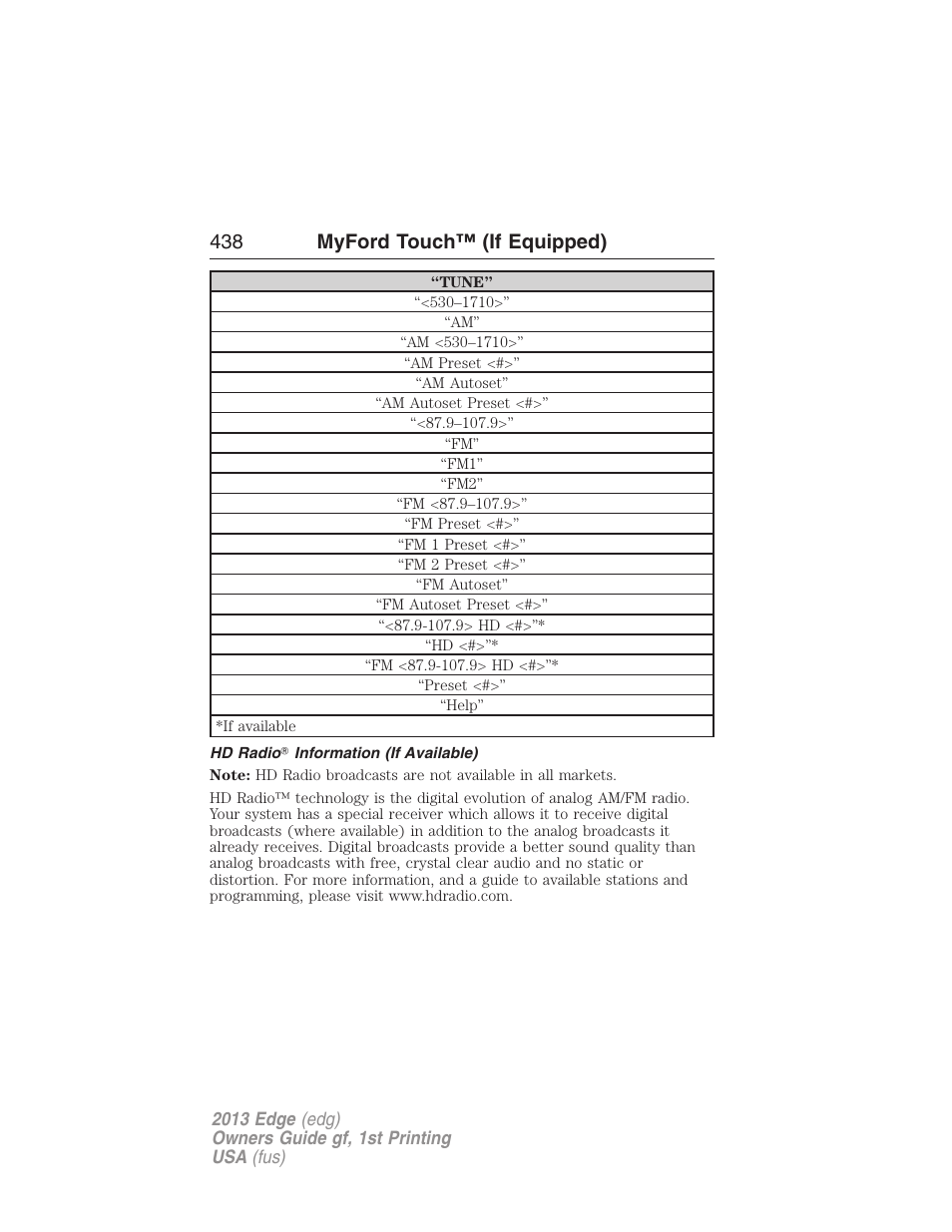 Hd radio? information (if available), 438 myford touch™ (if equipped) | FORD 2013 Edge v.1 User Manual | Page 438 / 526