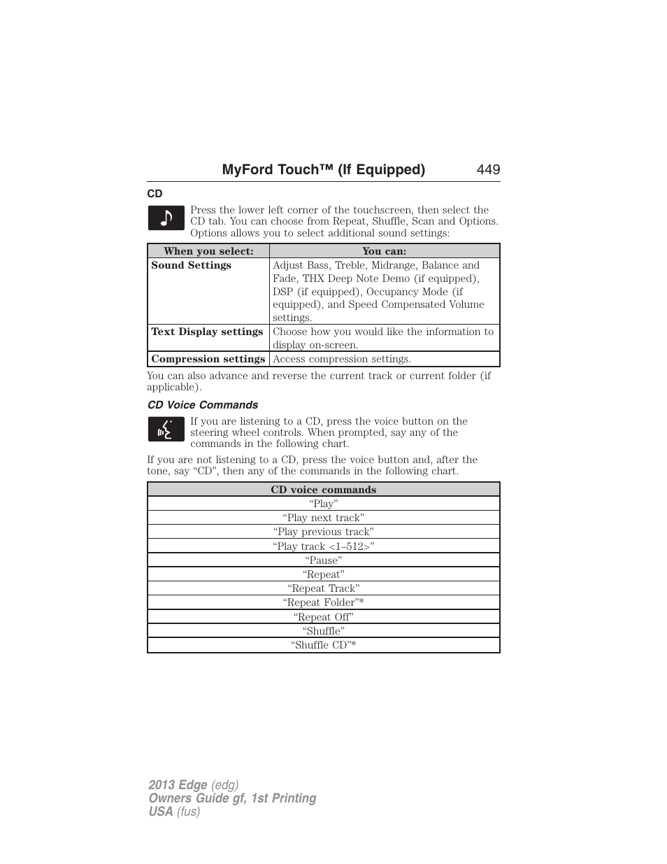 Cd voice commands, Myford touch™ (if equipped) 449 | FORD 2013 Edge v.1 User Manual | Page 449 / 526