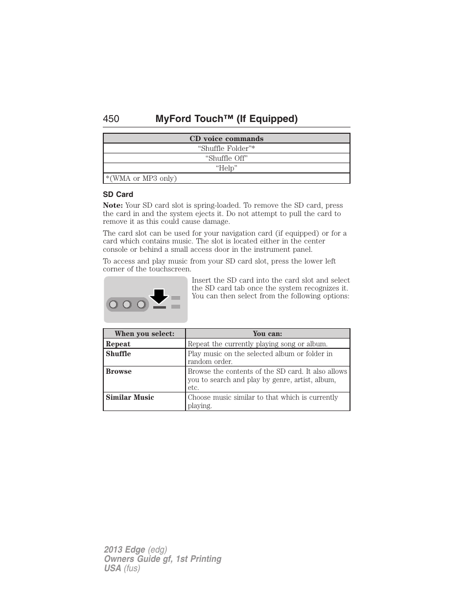 Sd card, 450 myford touch™ (if equipped) | FORD 2013 Edge v.1 User Manual | Page 450 / 526