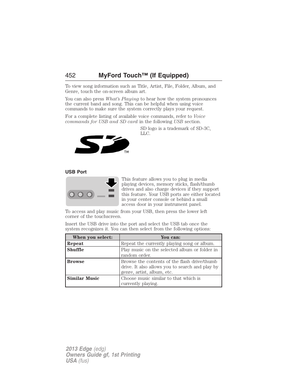 Usb port, 452 myford touch™ (if equipped) | FORD 2013 Edge v.1 User Manual | Page 452 / 526