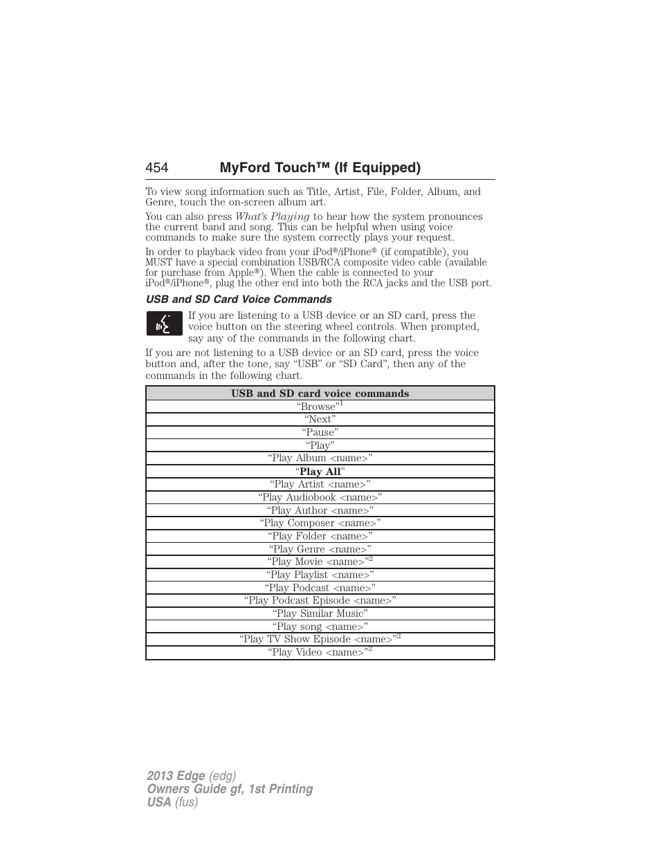 Usb and sd card voice commands, 454 myford touch™ (if equipped) | FORD 2013 Edge v.1 User Manual | Page 454 / 526