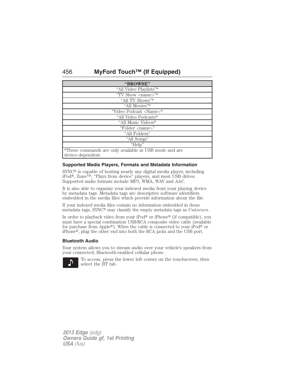 Bluetooth audio, 456 myford touch™ (if equipped) | FORD 2013 Edge v.1 User Manual | Page 456 / 526