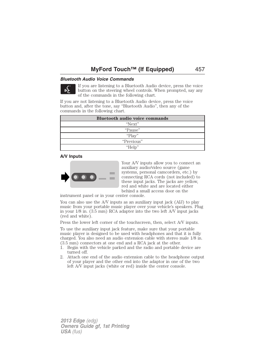 Bluetooth audio voice commands, A/v inputs, Myford touch™ (if equipped) 457 | FORD 2013 Edge v.1 User Manual | Page 457 / 526