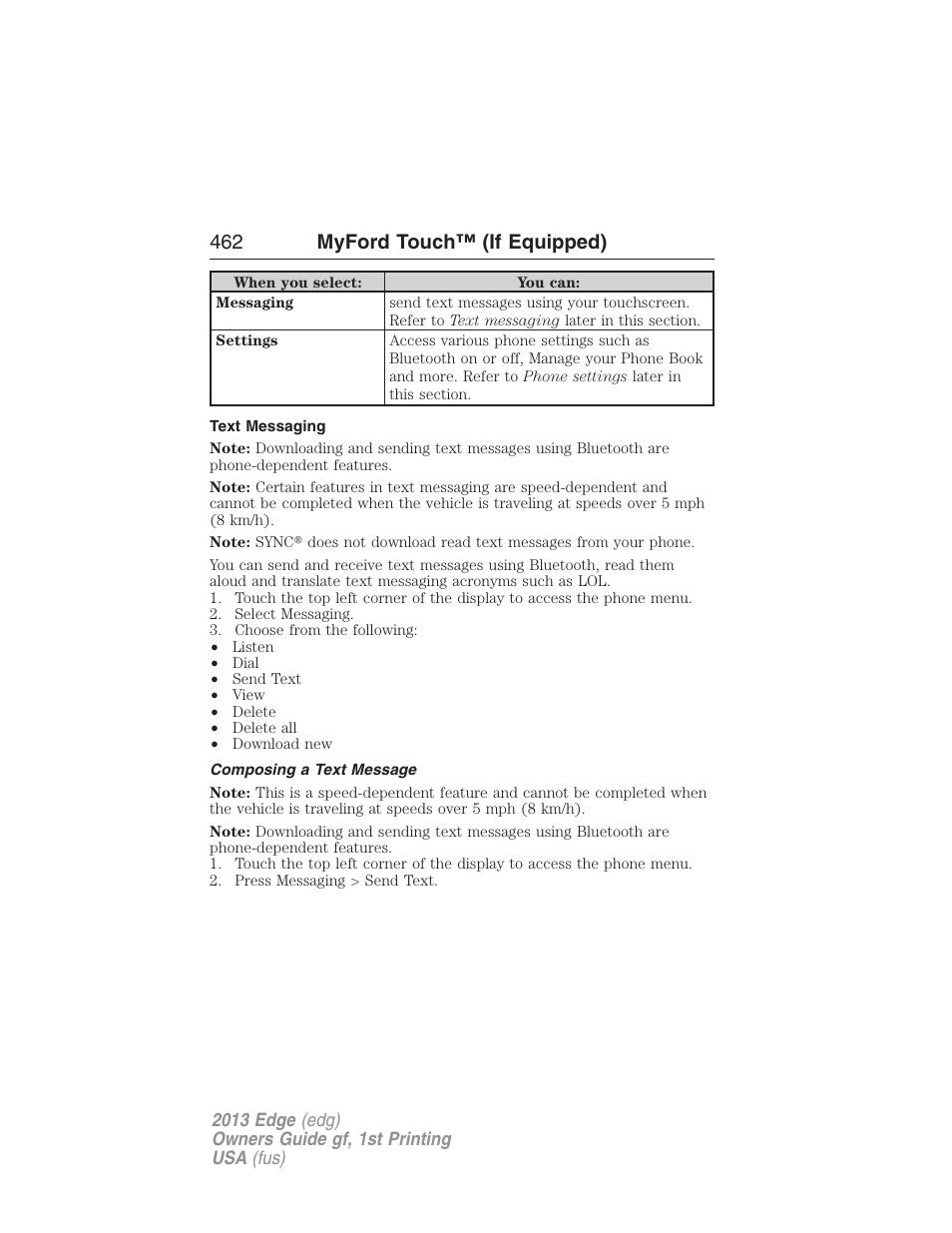 Text messaging, Composing a text message, 462 myford touch™ (if equipped) | FORD 2013 Edge v.1 User Manual | Page 462 / 526