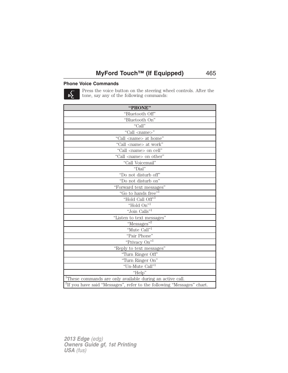 Phone voice commands, Myford touch™ (if equipped) 465 | FORD 2013 Edge v.1 User Manual | Page 465 / 526