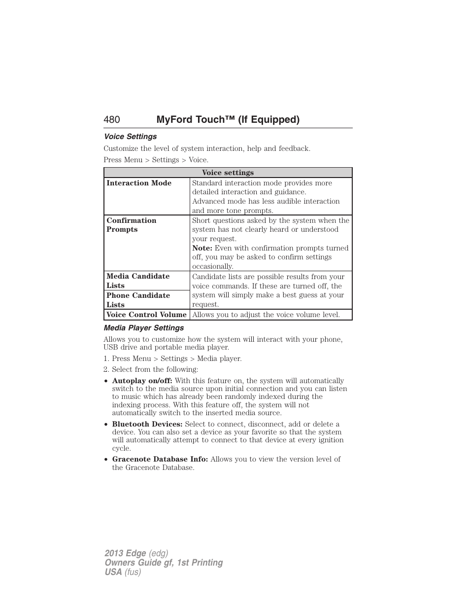 Voice settings, Media player settings, 480 myford touch™ (if equipped) | FORD 2013 Edge v.1 User Manual | Page 480 / 526