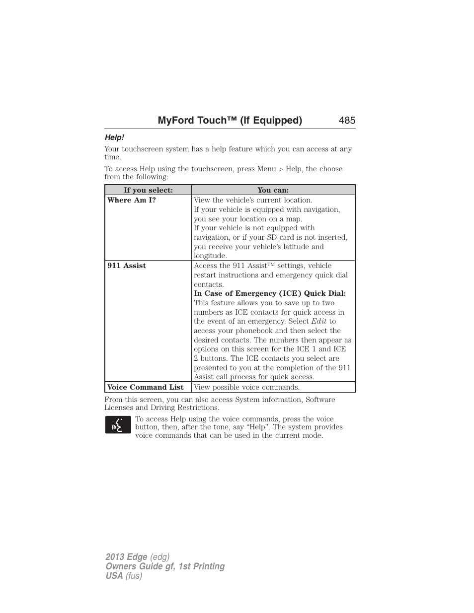 Help, Myford touch™ (if equipped) 485 | FORD 2013 Edge v.1 User Manual | Page 485 / 526