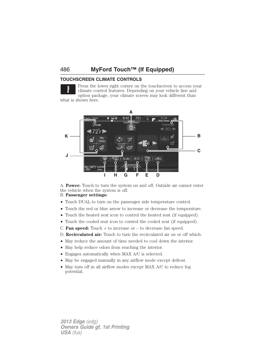 Touchscreen climate controls, Climate features, 486 myford touch™ (if equipped) | FORD 2013 Edge v.1 User Manual | Page 486 / 526