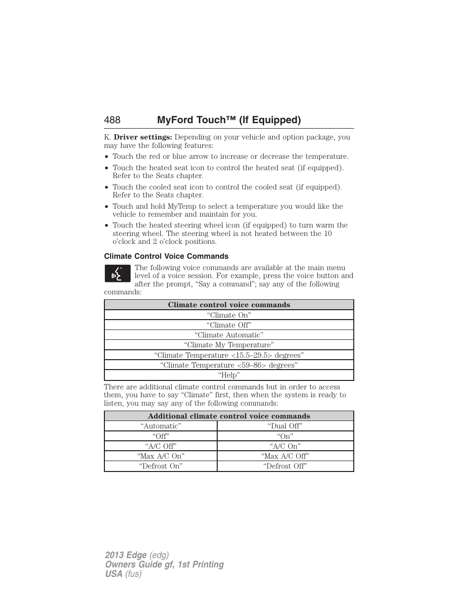 Climate control voice commands, 488 myford touch™ (if equipped) | FORD 2013 Edge v.1 User Manual | Page 488 / 526