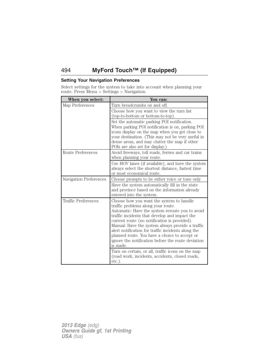 Setting your navigation preferences, 494 myford touch™ (if equipped) | FORD 2013 Edge v.1 User Manual | Page 494 / 526