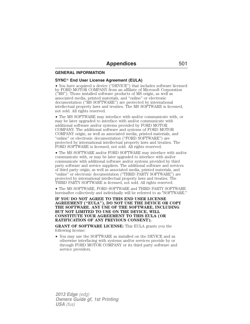 Appendices, General information, Sync? end user license agreement (eula) | Appendices 501 | FORD 2013 Edge v.1 User Manual | Page 501 / 526
