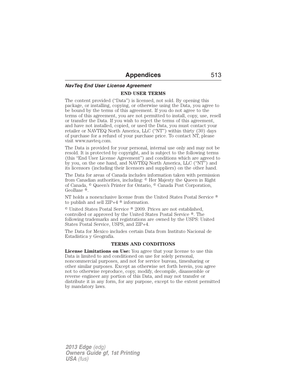 Navteq end user license agreement, Appendices 513 | FORD 2013 Edge v.1 User Manual | Page 513 / 526