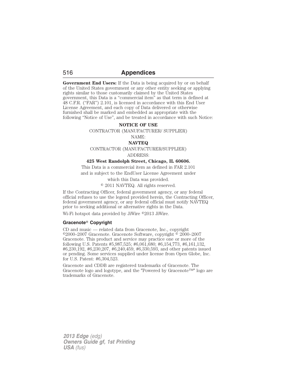 Gracenote? copyright, 516 appendices | FORD 2013 Edge v.1 User Manual | Page 516 / 526