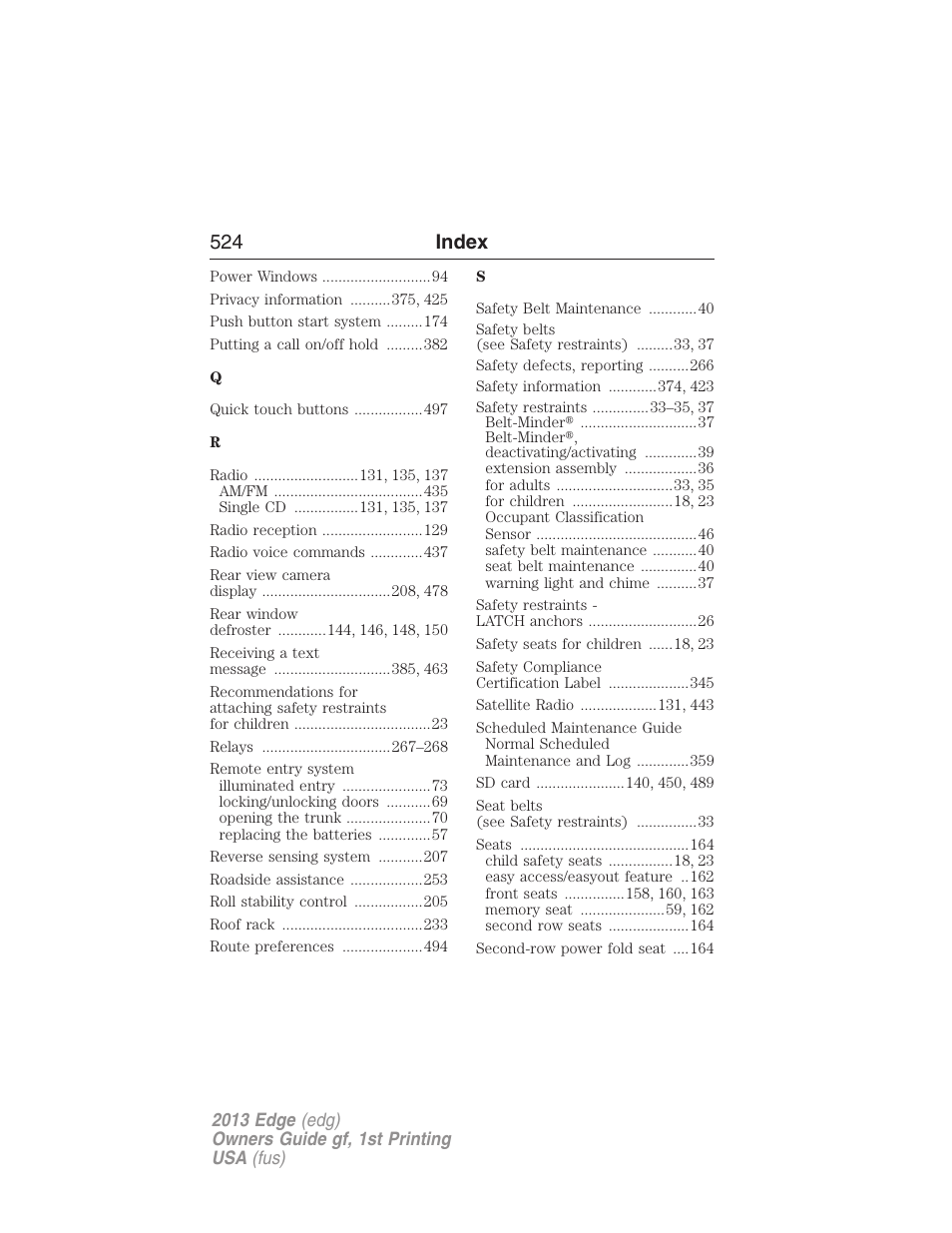 524 index | FORD 2013 Edge v.1 User Manual | Page 524 / 526