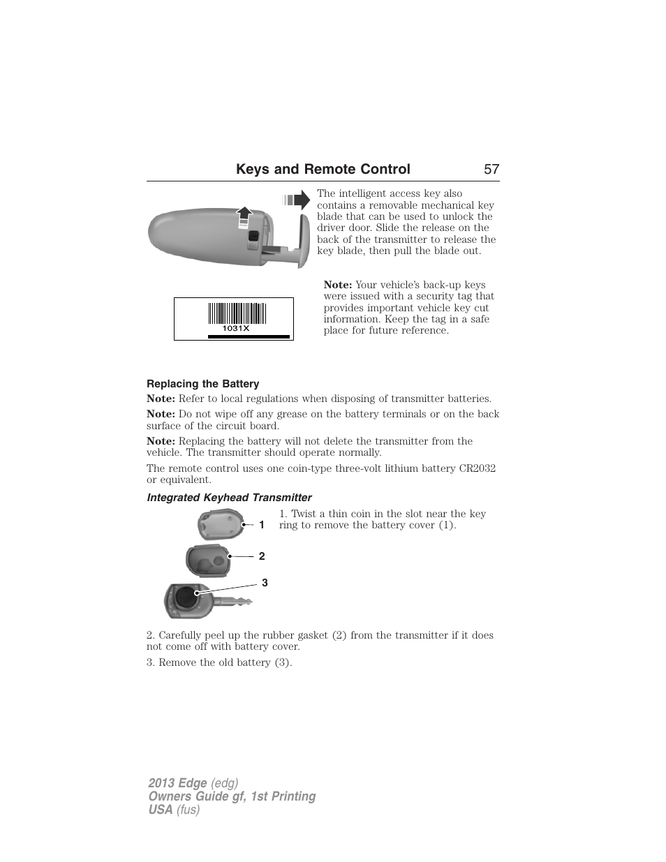 Replacing the battery, Integrated keyhead transmitter, Keys and remote control 57 | FORD 2013 Edge v.1 User Manual | Page 57 / 526