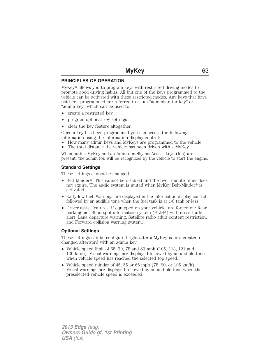 Mykey, Principles of operation, Standard settings | Optional settings, Settings, mykey, Mykey 63 | FORD 2013 Edge v.1 User Manual | Page 63 / 526