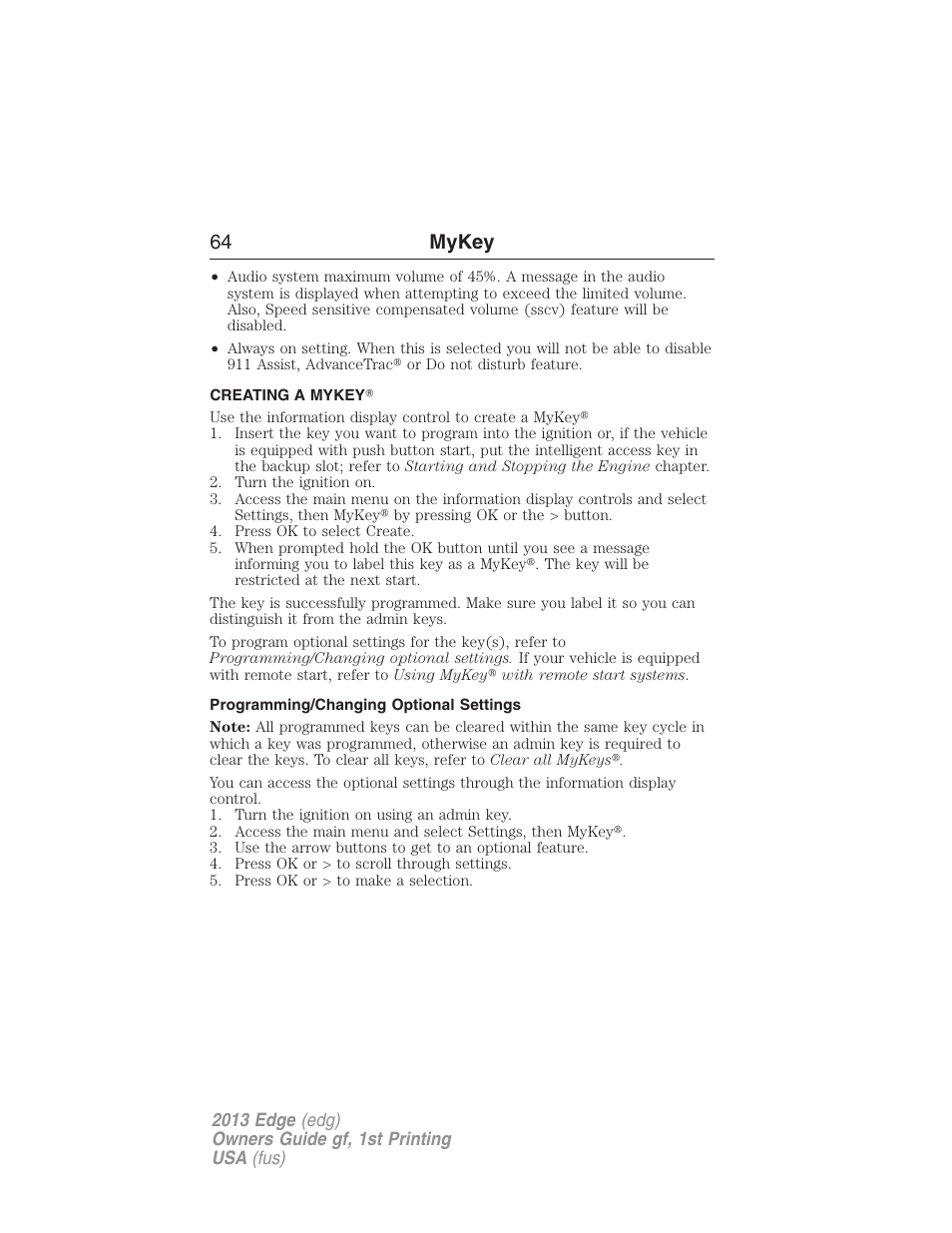 Creating a mykey, Programming/changing optional settings, Creating | 64 mykey | FORD 2013 Edge v.1 User Manual | Page 64 / 526