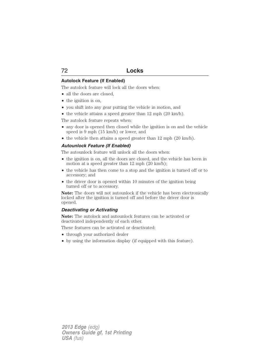 Autolock feature (if enabled), Autounlock feature (if enabled), Deactivating or activating | 72 locks | FORD 2013 Edge v.1 User Manual | Page 72 / 526