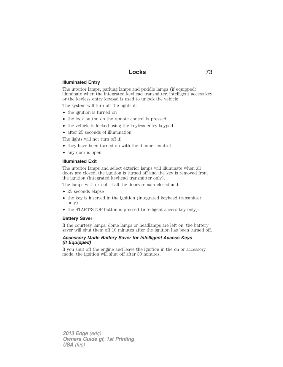 Illuminated entry, Illuminated exit, Battery saver | Locks 73 | FORD 2013 Edge v.1 User Manual | Page 73 / 526