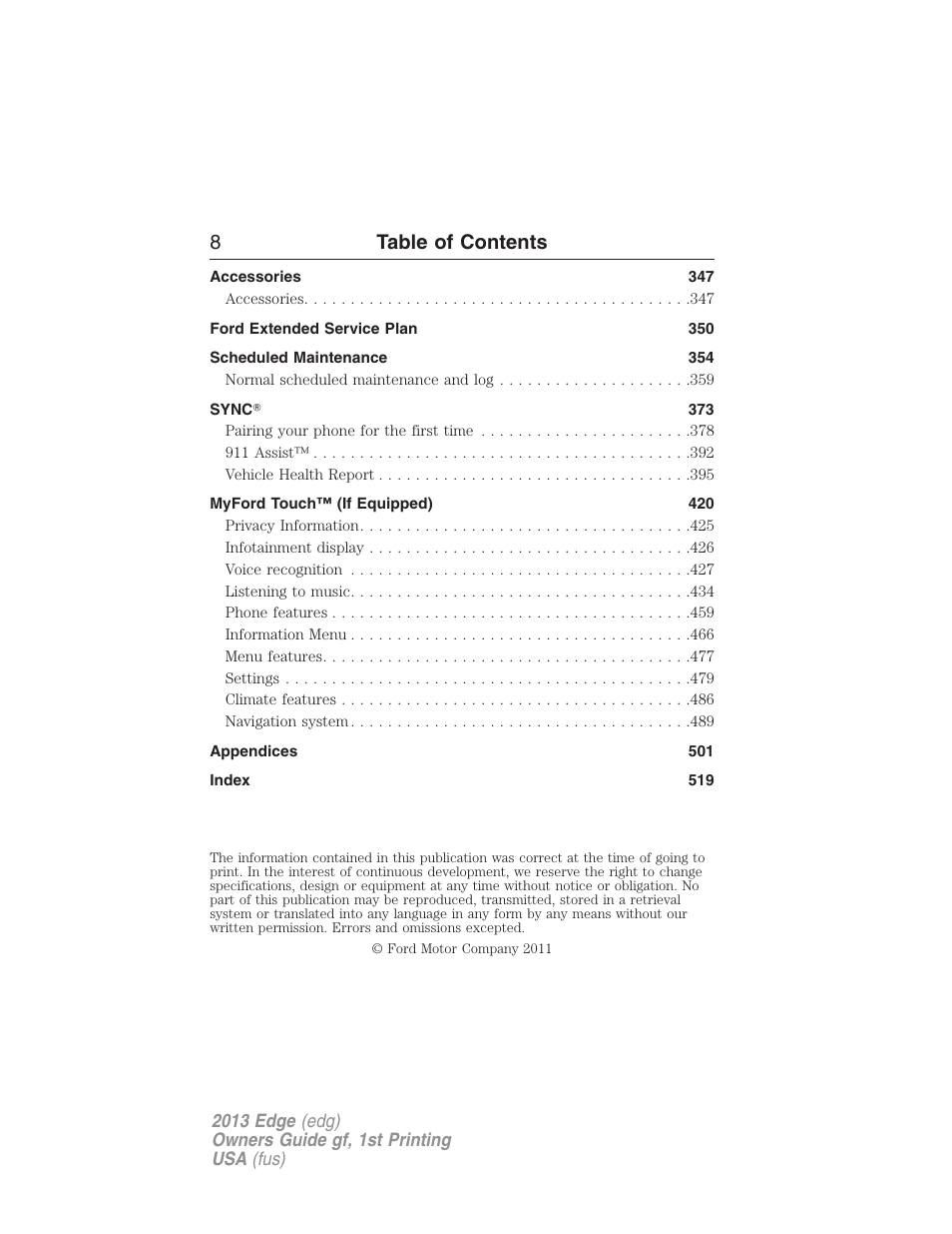 8table of contents | FORD 2013 Edge v.1 User Manual | Page 8 / 526