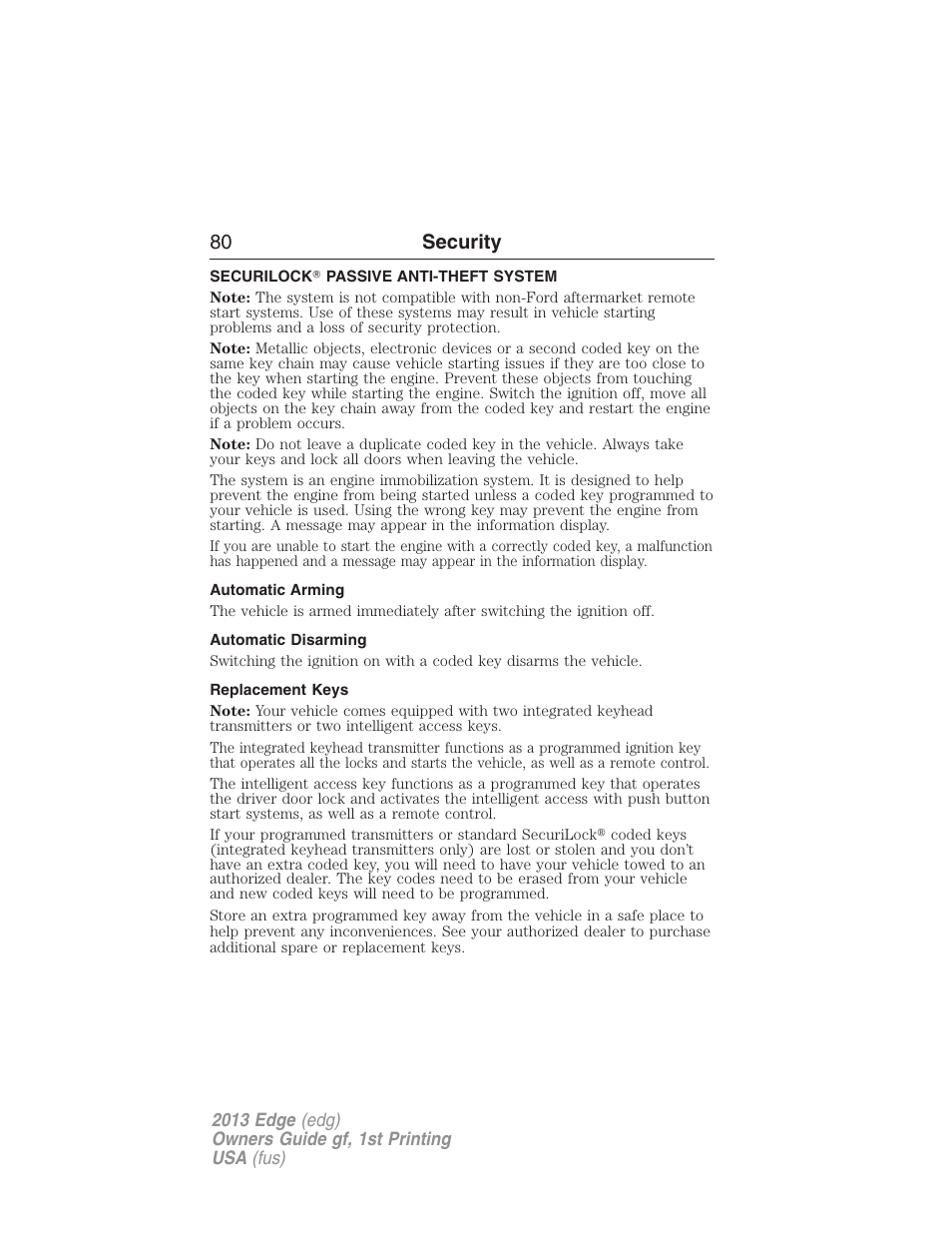 Security, Securilock? passive anti-theft system, Automatic arming | Automatic disarming, Replacement keys, Securilock, Passive anti-theft system, 80 security | FORD 2013 Edge v.1 User Manual | Page 80 / 526