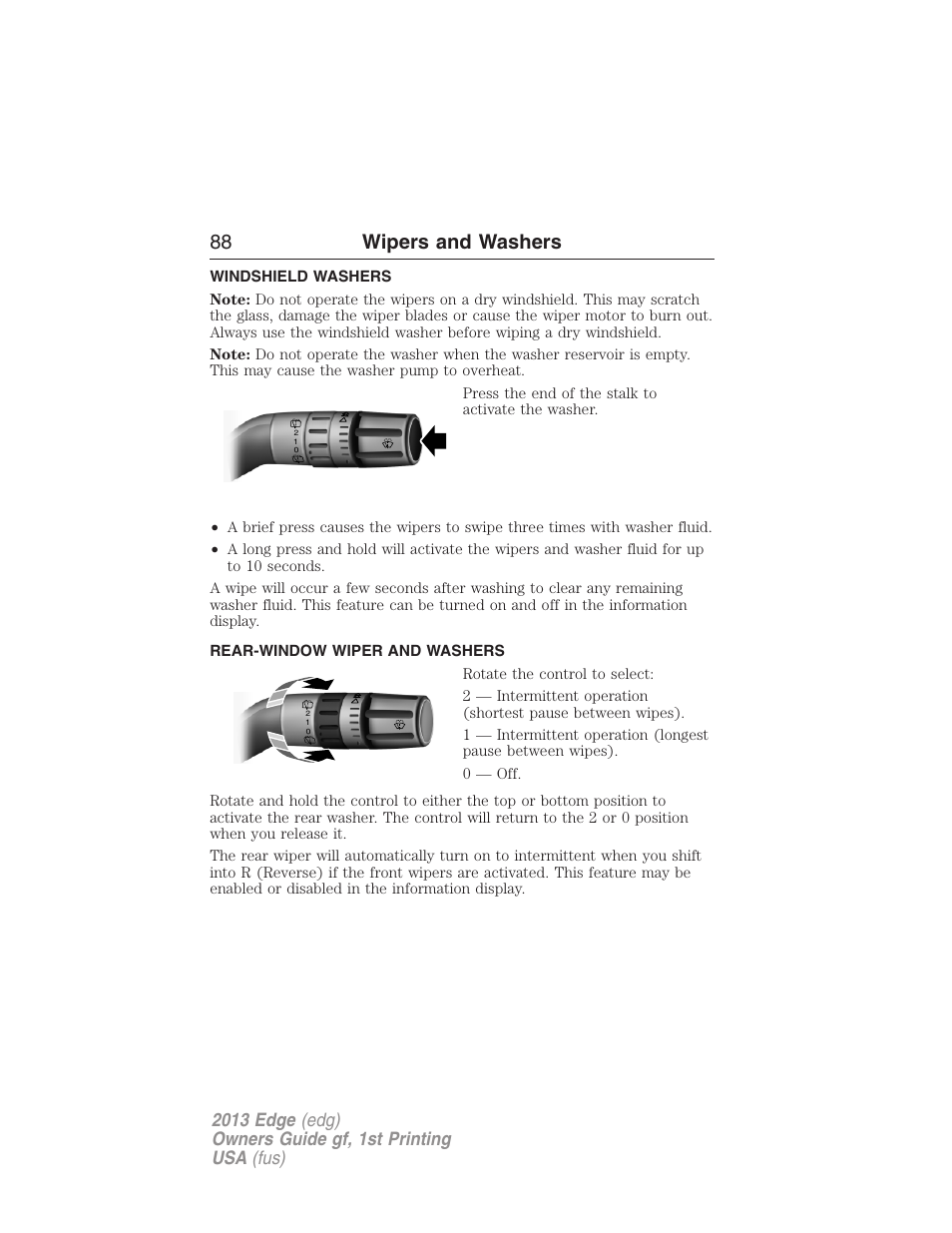 Windshield washers, Rear-window wiper and washers, Rear-window wiper and washer | 88 wipers and washers | FORD 2013 Edge v.1 User Manual | Page 88 / 526