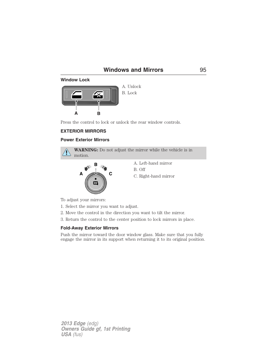 Window lock, Exterior mirrors, Power exterior mirrors | Fold-away exterior mirrors, Windows and mirrors 95 | FORD 2013 Edge v.1 User Manual | Page 95 / 526