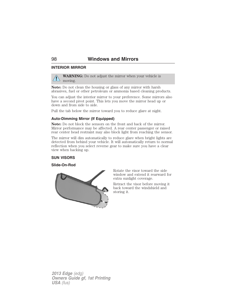Interior mirror, Auto-dimming mirror (if equipped), Sun visors | Slide-on-rod, Interior mirrors, 98 windows and mirrors | FORD 2013 Edge v.1 User Manual | Page 98 / 526