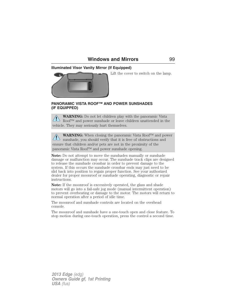 Illuminated visor vanity mirror (if equipped), Moonroof, Windows and mirrors 99 | FORD 2013 Edge v.1 User Manual | Page 99 / 526