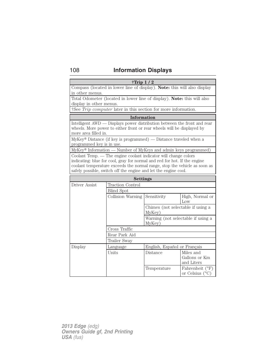 108 information displays | FORD 2013 Edge v.2 User Manual | Page 108 / 513
