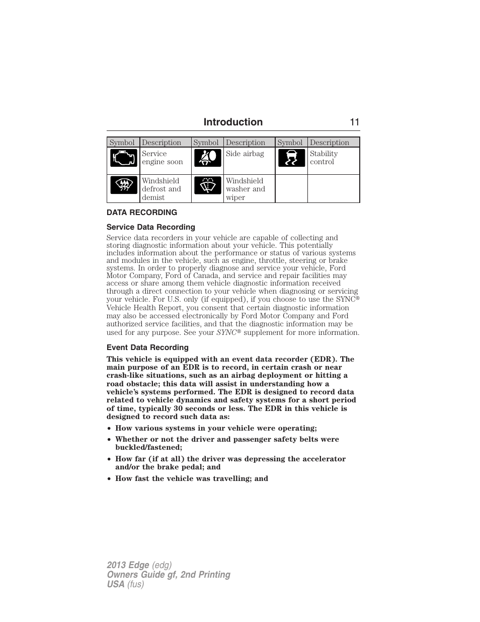 Data recording, Service data recording, Event data recording | Introduction 11 | FORD 2013 Edge v.2 User Manual | Page 11 / 513