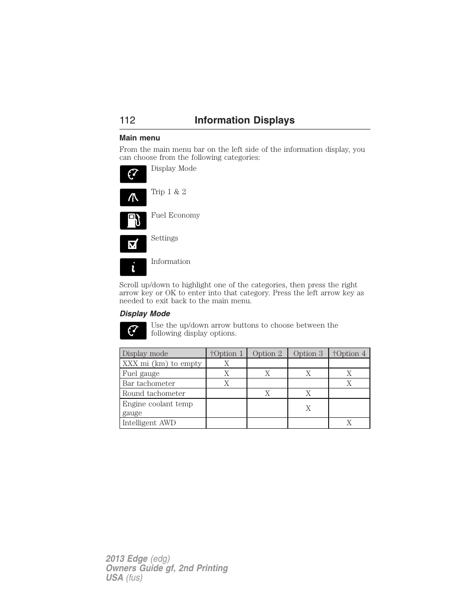 Main menu, Display mode, 112 information displays | FORD 2013 Edge v.2 User Manual | Page 112 / 513