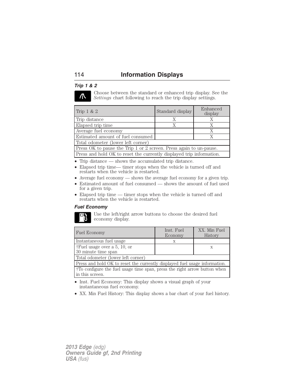 Trip 1 & 2, Fuel economy, 114 information displays | FORD 2013 Edge v.2 User Manual | Page 114 / 513