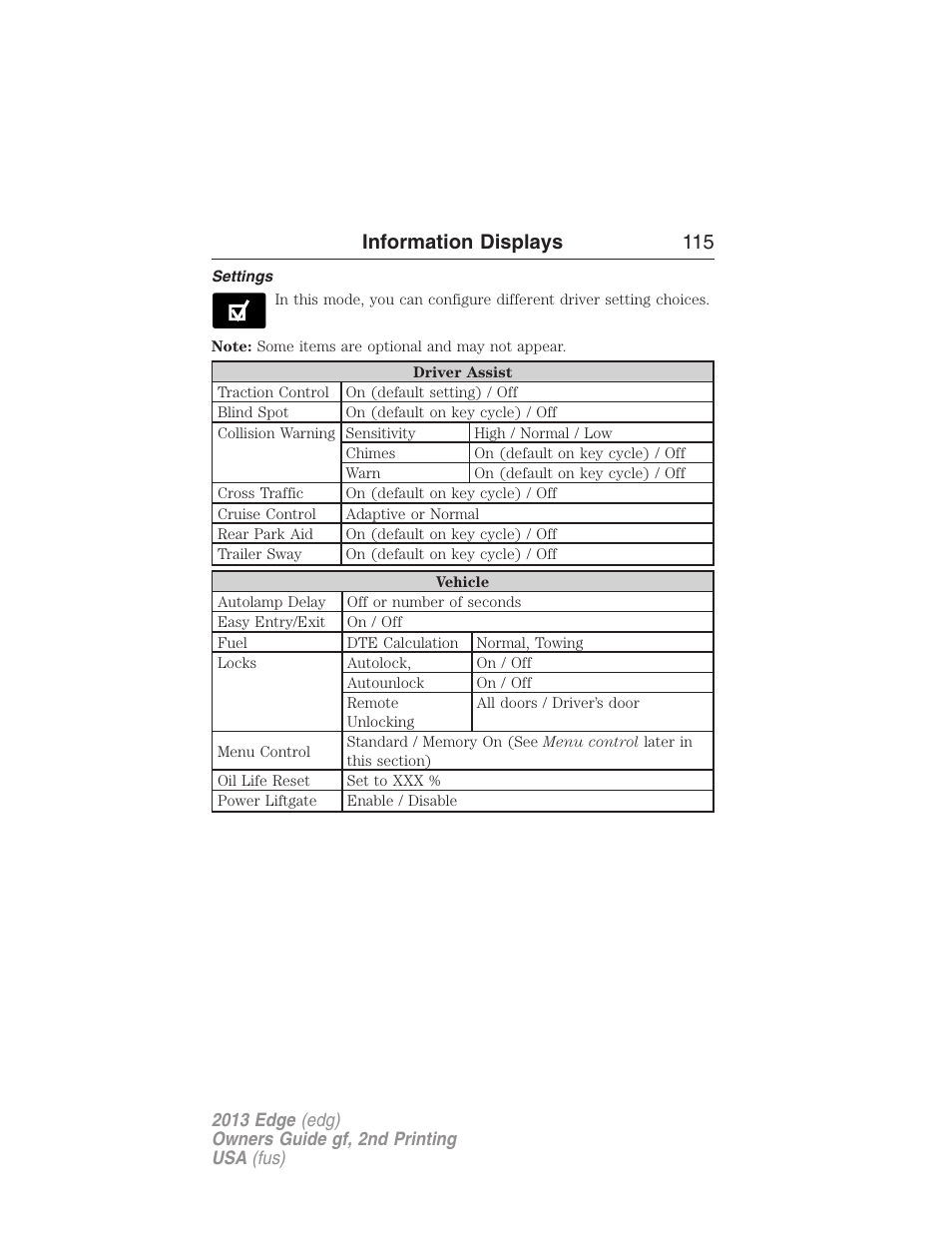 Settings, Information displays 115 | FORD 2013 Edge v.2 User Manual | Page 115 / 513