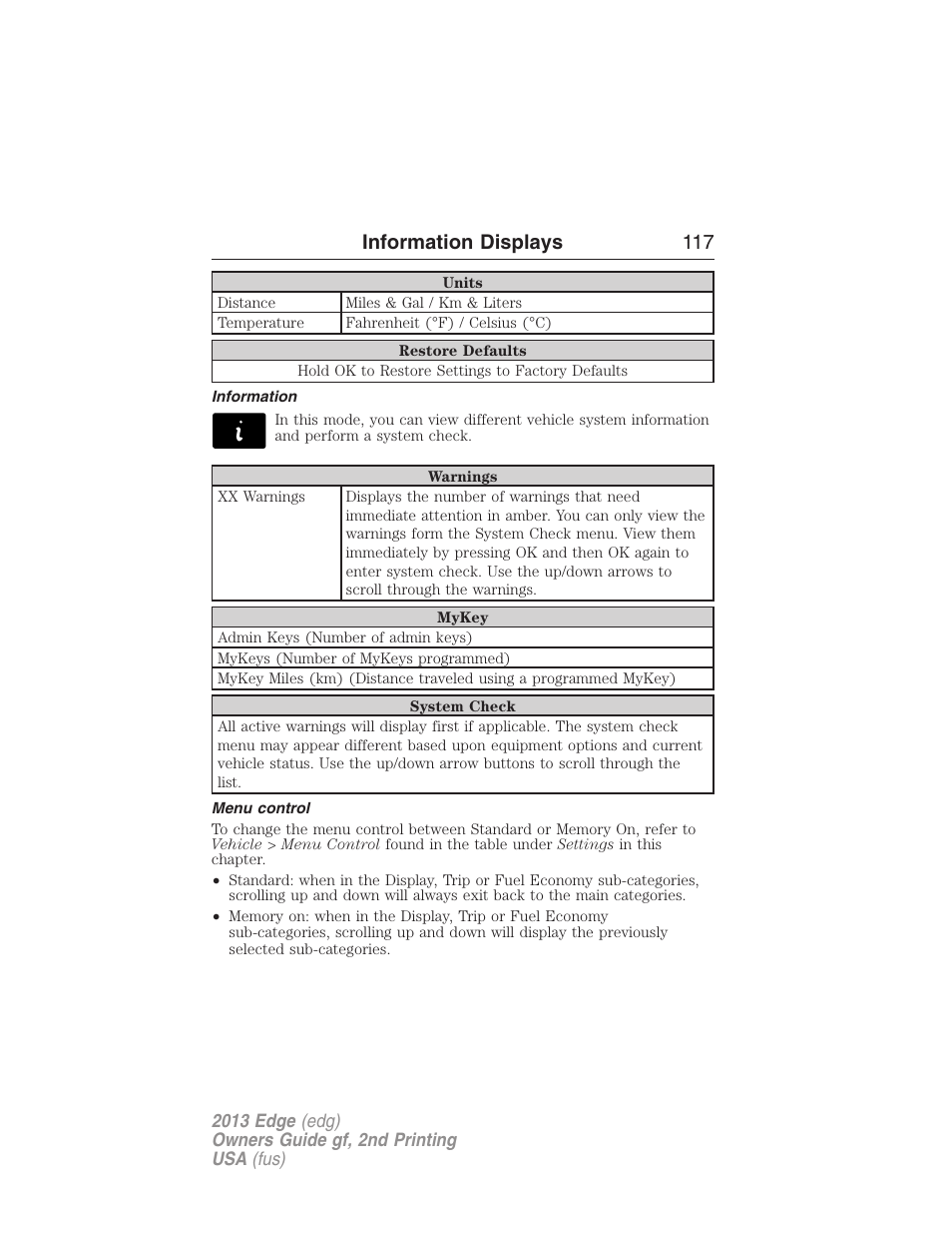 Information, Menu control, Information displays 117 | FORD 2013 Edge v.2 User Manual | Page 117 / 513