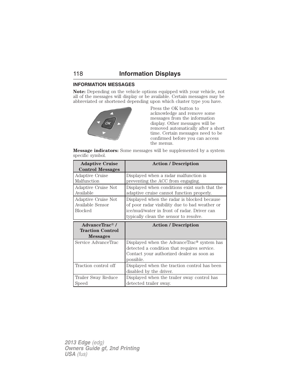 Information messages, 118 information displays | FORD 2013 Edge v.2 User Manual | Page 118 / 513