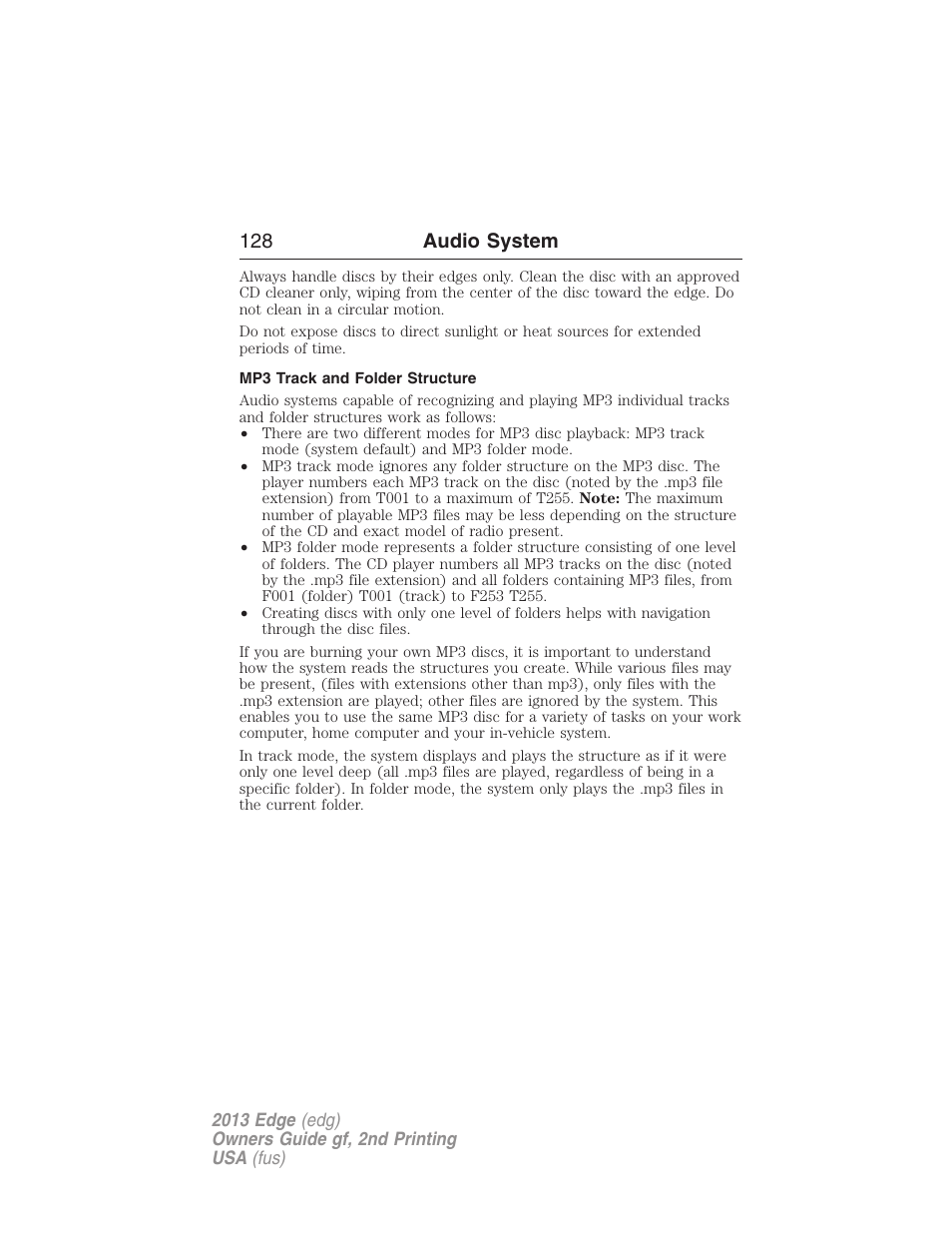 Mp3 track and folder structure, 128 audio system | FORD 2013 Edge v.2 User Manual | Page 128 / 513