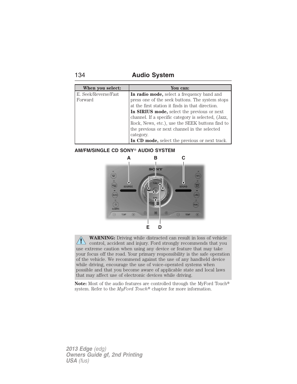 Am/fm/single cd sony? audio system, 134 audio system | FORD 2013 Edge v.2 User Manual | Page 134 / 513